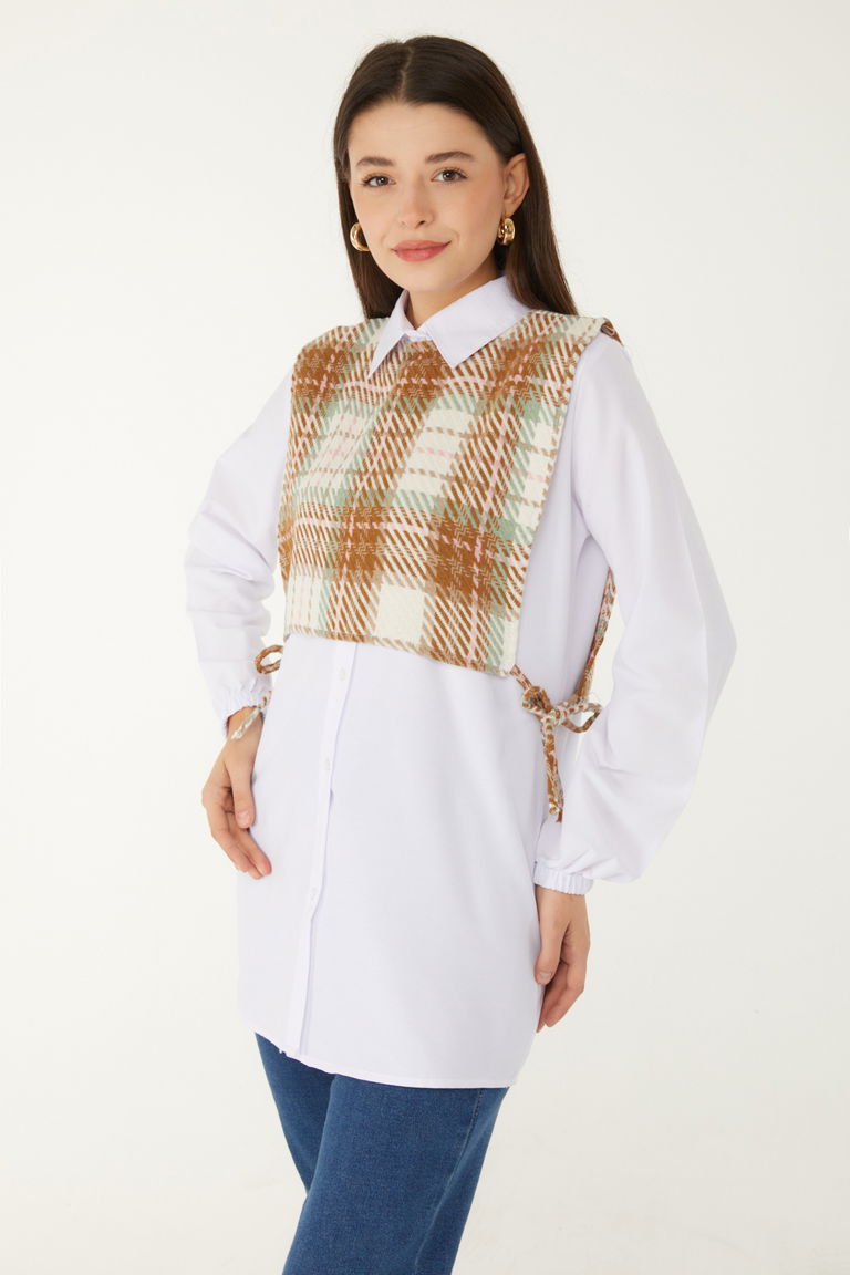 Düz Gömlek Yaka Kadın Hardal Gömlek Süveter İkili Takım - 13347 - TOFİSA