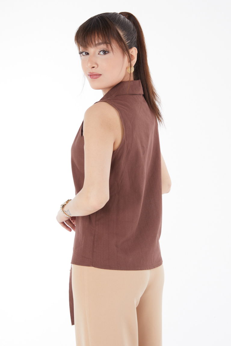 Düz Gömlek Yaka Kadın Kahve Bel Bağlamalı Kısa Gömlek - 13155 - TOFİSA