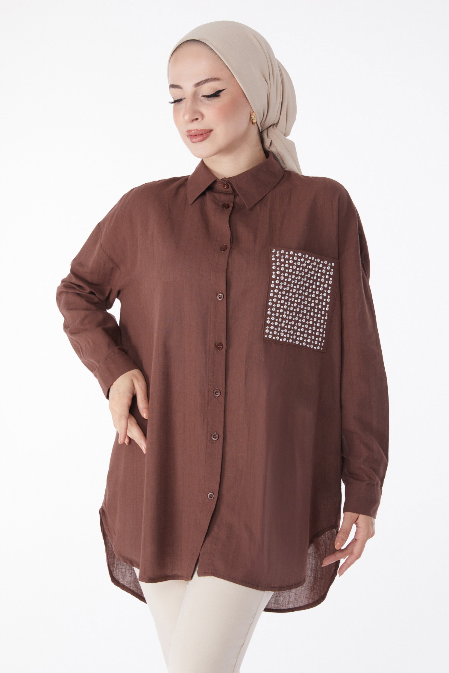 Düz Gömlek Yaka Kadın Kahve Cep Taş Detaylı Tunik - 13168 - 2