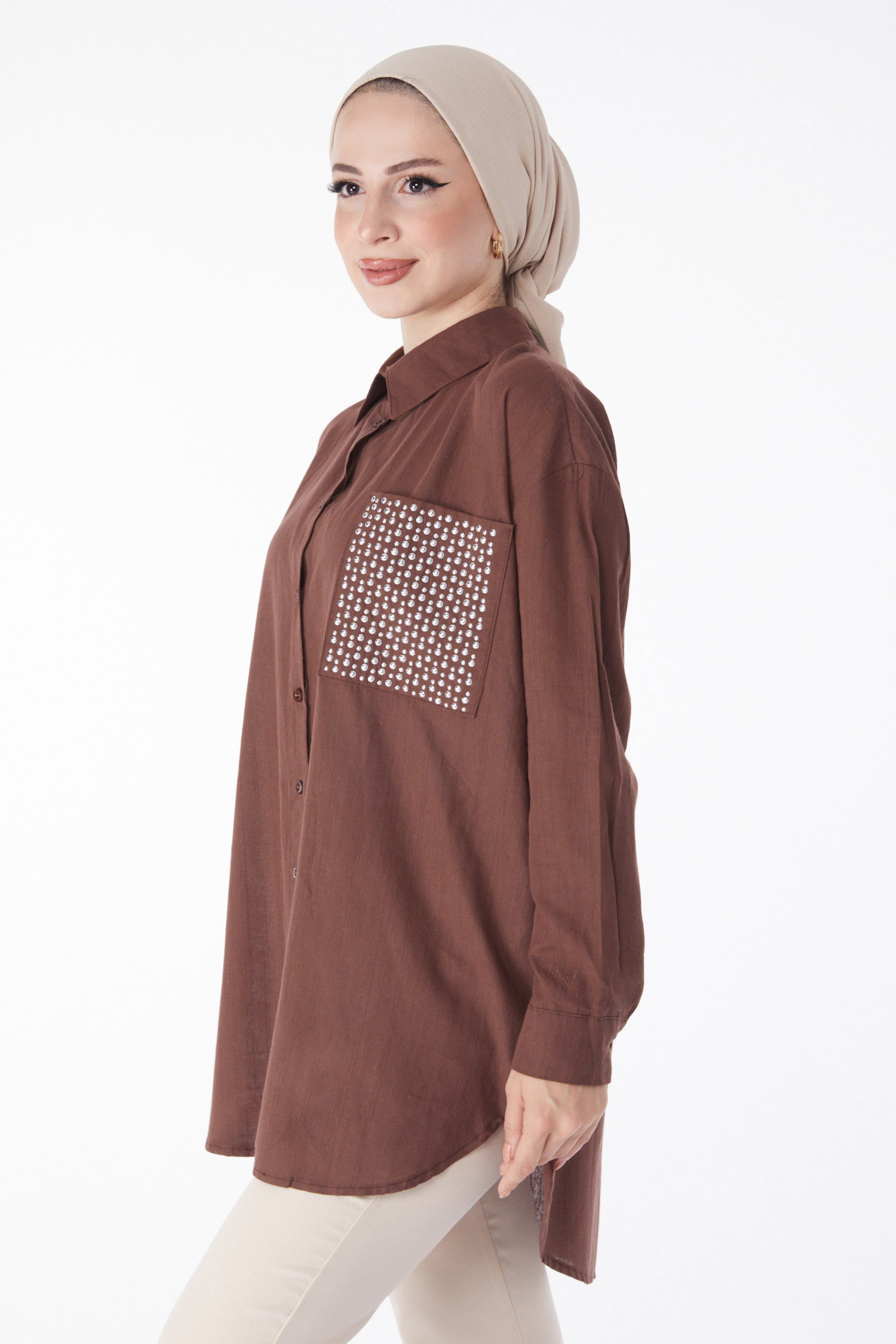 Düz Gömlek Yaka Kadın Kahve Cep Taş Detaylı Tunik - 13168 - 3