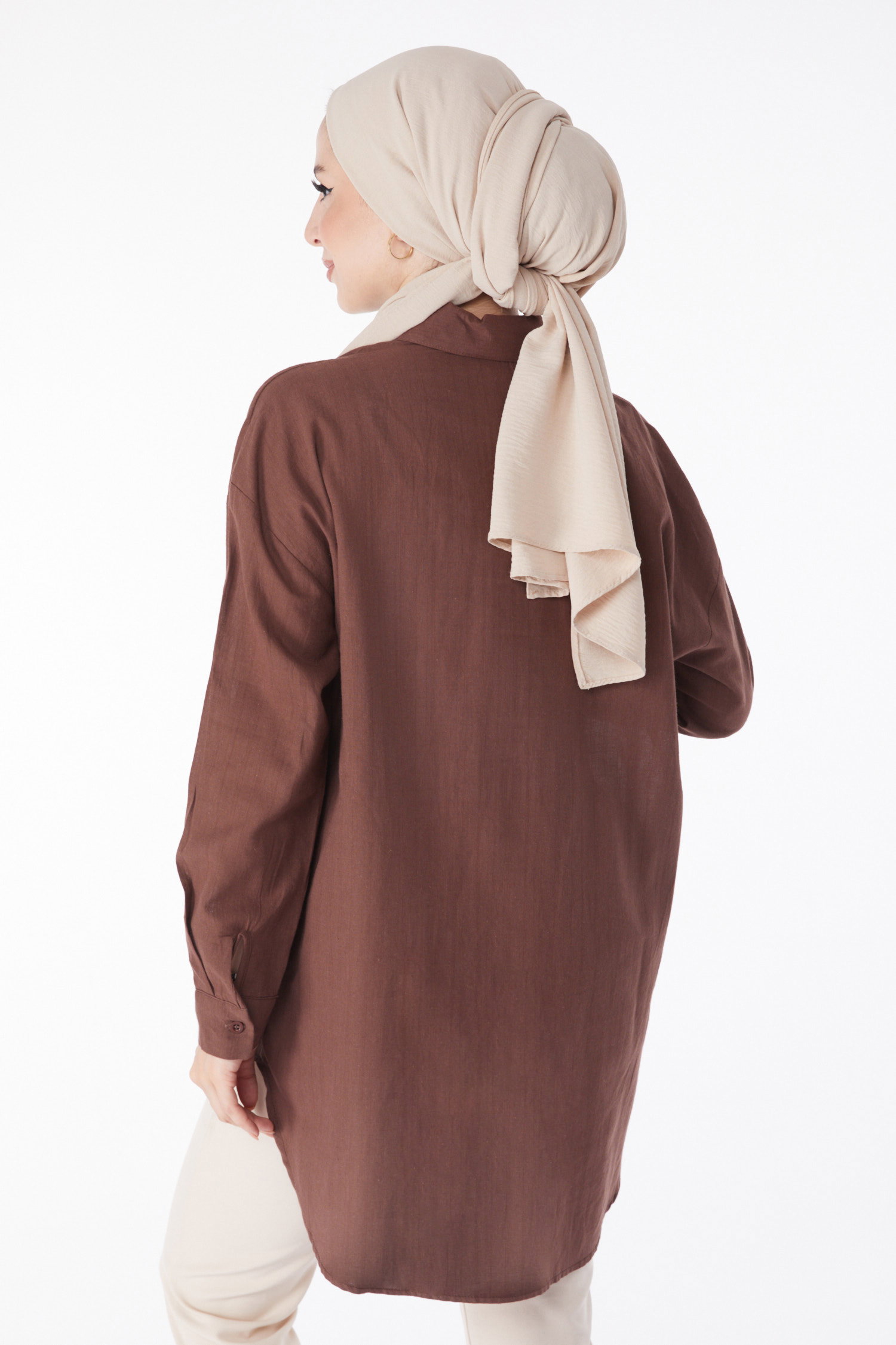 Düz Gömlek Yaka Kadın Kahve Cep Taş Detaylı Tunik - 13168 - 4