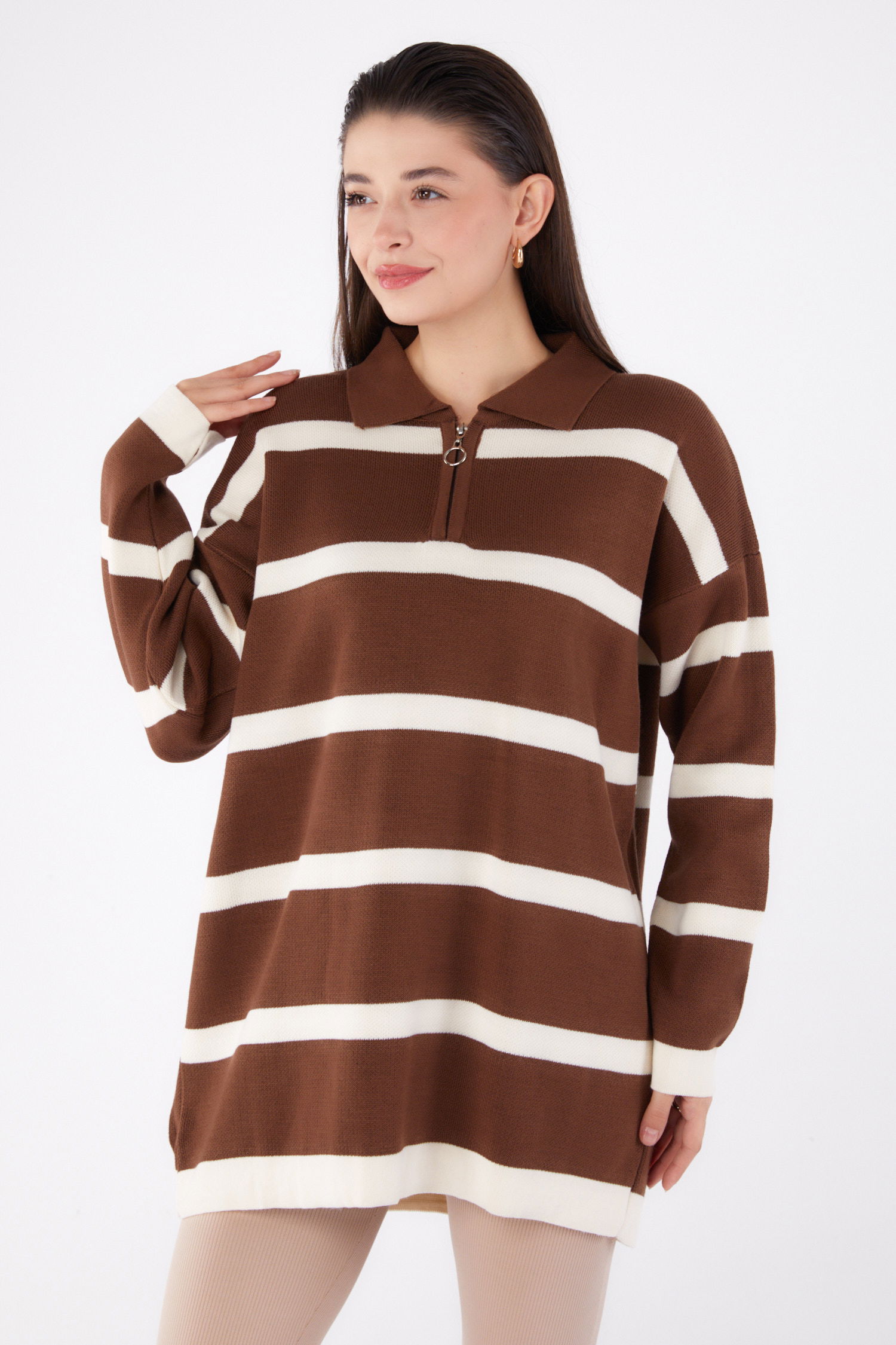 Çizgili Triko Tunik Kahve - 26420 - 1