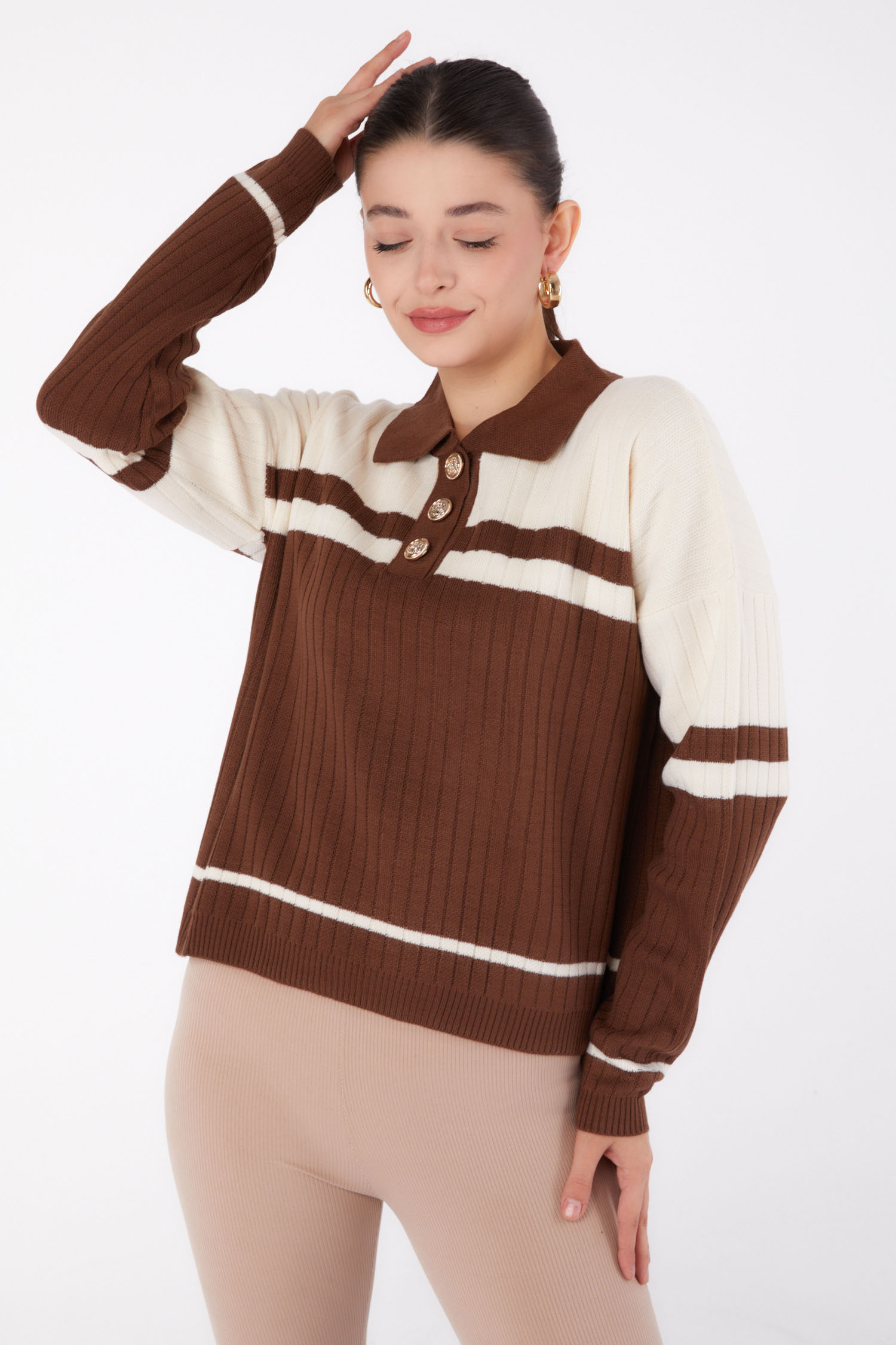 Düğmeli Triko Kazak Kahve Krem - 26424 - 1
