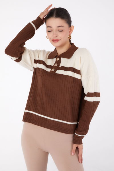 Düğmeli Triko Kazak Kahve Krem - 26424 