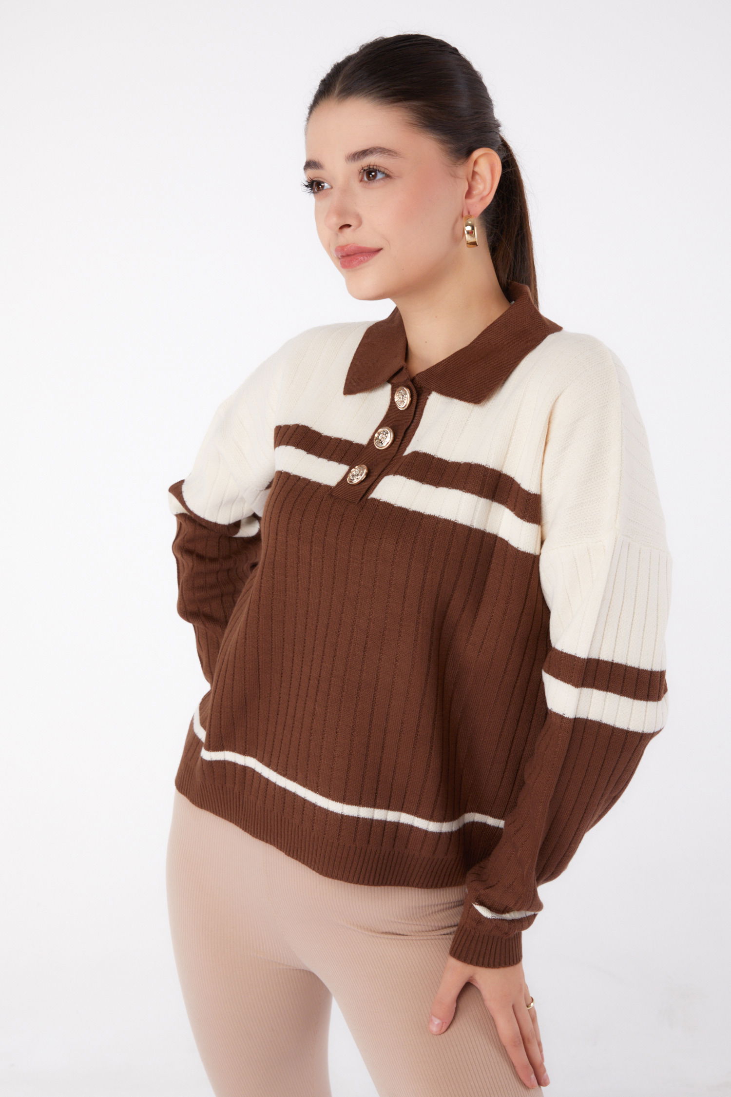 Düğmeli Triko Kazak Kahve Krem - 26424 - 2