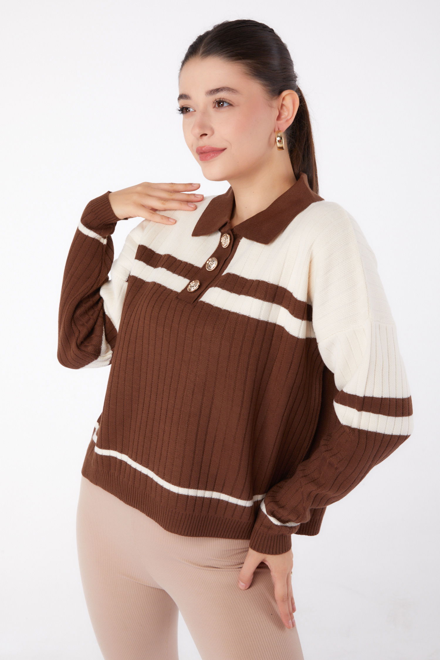Düğmeli Triko Kazak Kahve Krem - 26424 - 4