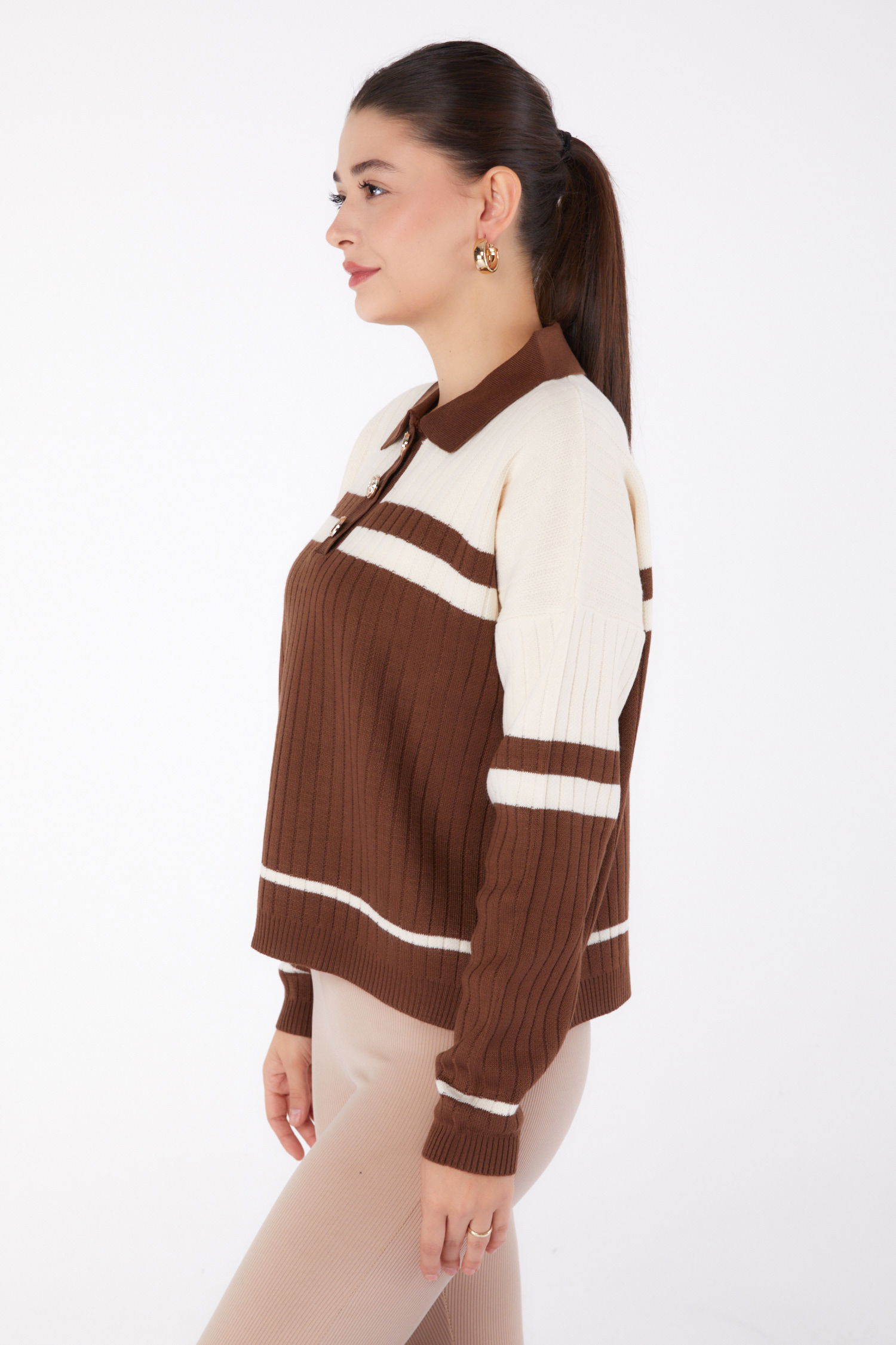 Düğmeli Triko Kazak Kahve Krem - 26424 - 5