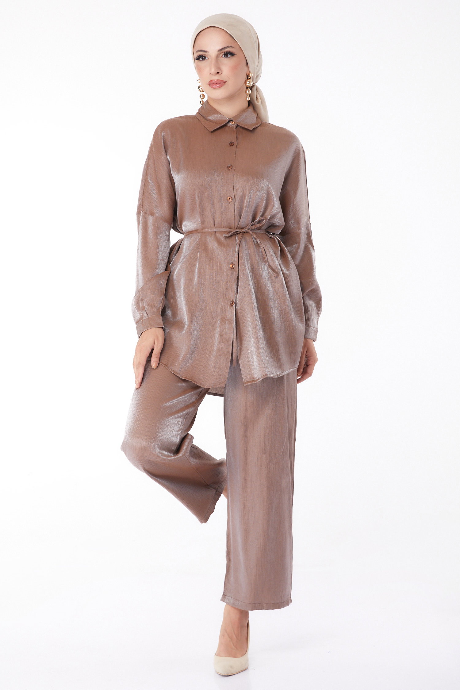 Düz Gömlek Yaka Kadın Kahve Kuşaklı İkili Takım - 26142 - 2