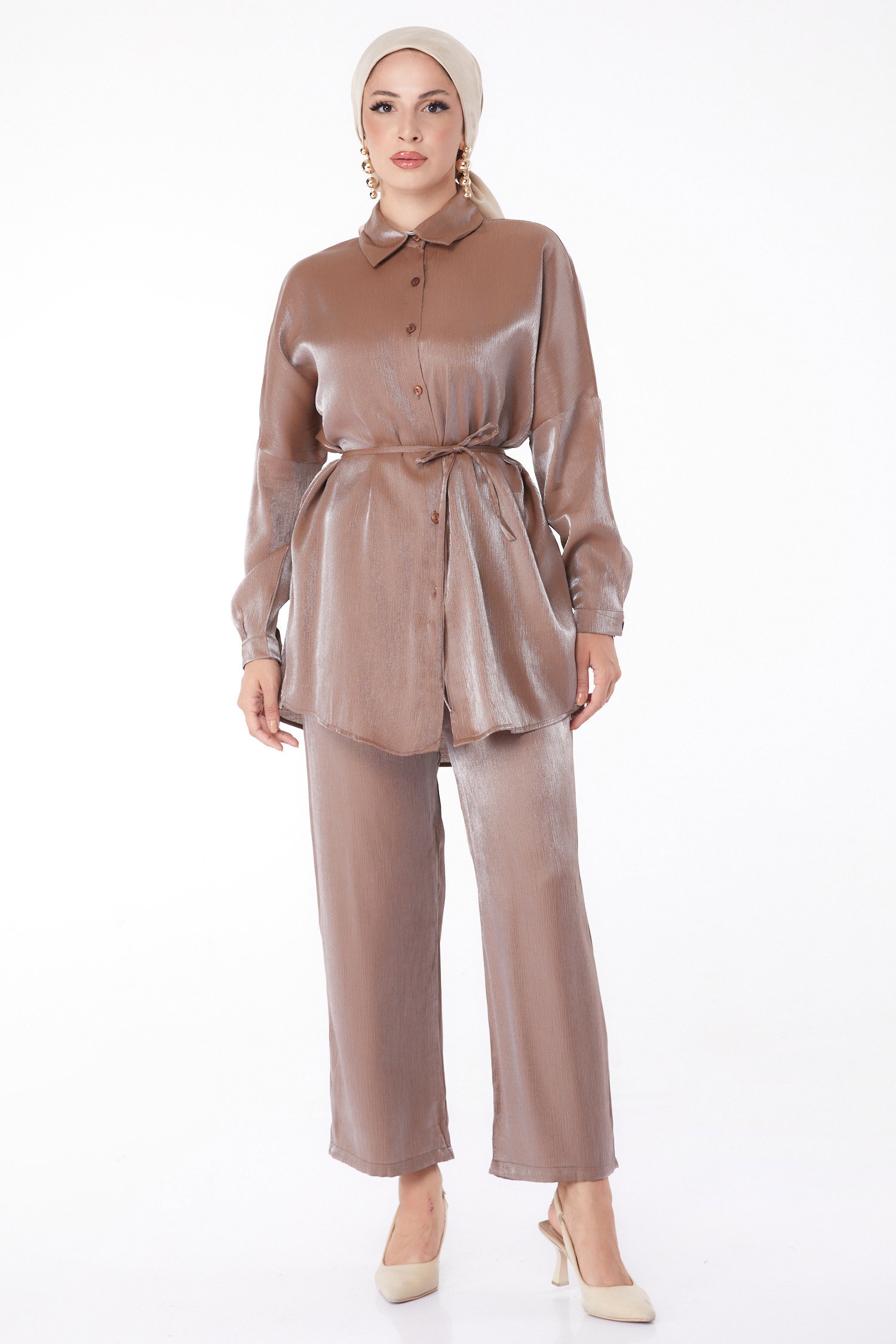 Düz Gömlek Yaka Kadın Kahve Kuşaklı İkili Takım - 26142 - 3