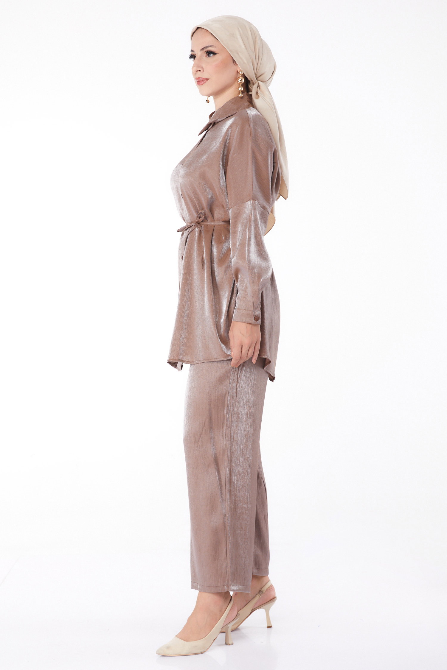 Düz Gömlek Yaka Kadın Kahve Kuşaklı İkili Takım - 26142 - 4