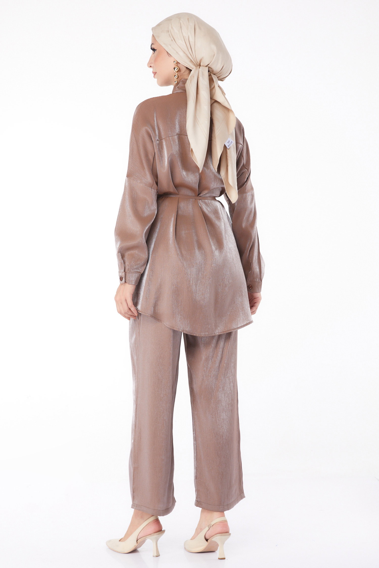 Düz Gömlek Yaka Kadın Kahve Kuşaklı İkili Takım - 26142 - 5