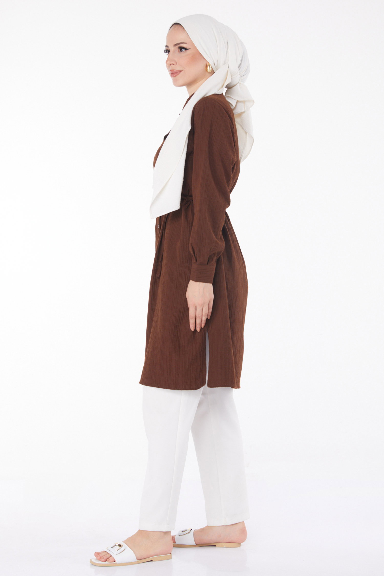 Düz Gömlek Yaka Kadın Kahve Kuşaklı Tunik - 25889 - 3