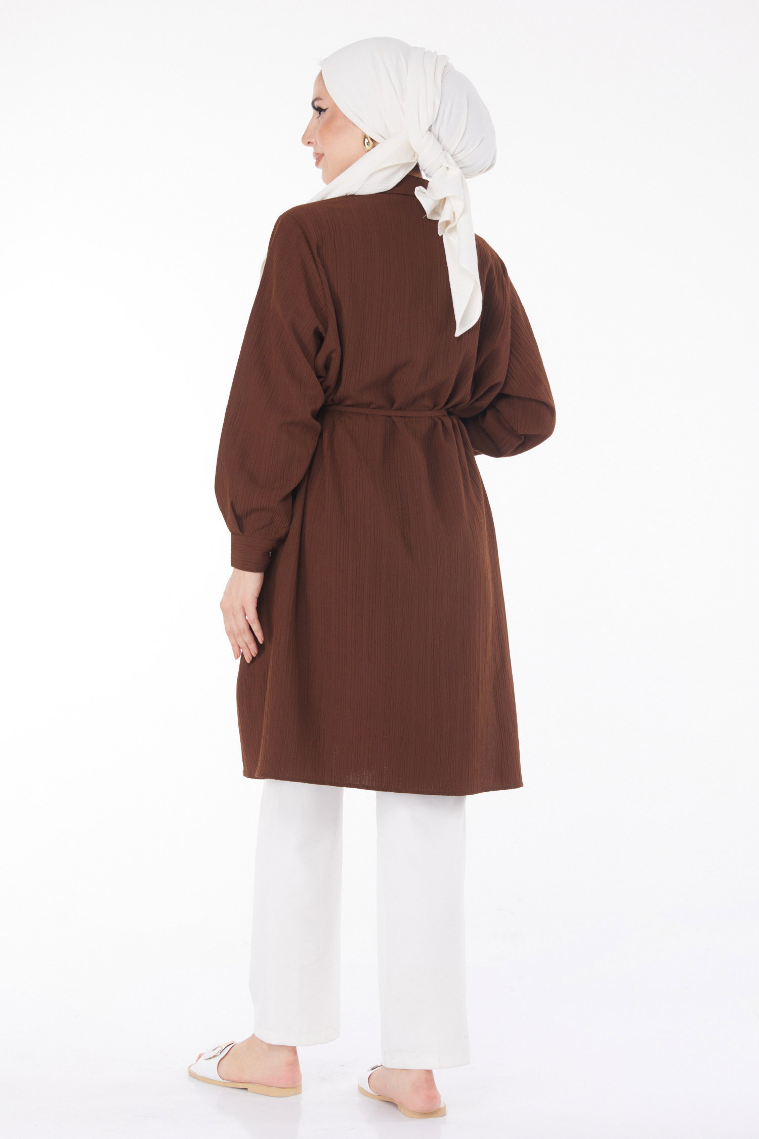 Düz Gömlek Yaka Kadın Kahve Kuşaklı Tunik - 25889 - 5