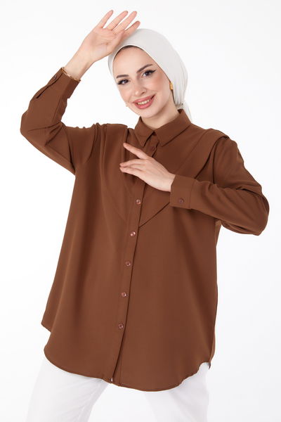 Düz Gömlek Yaka Kadın Kahve Önü Robalı Gömlek - 25685 