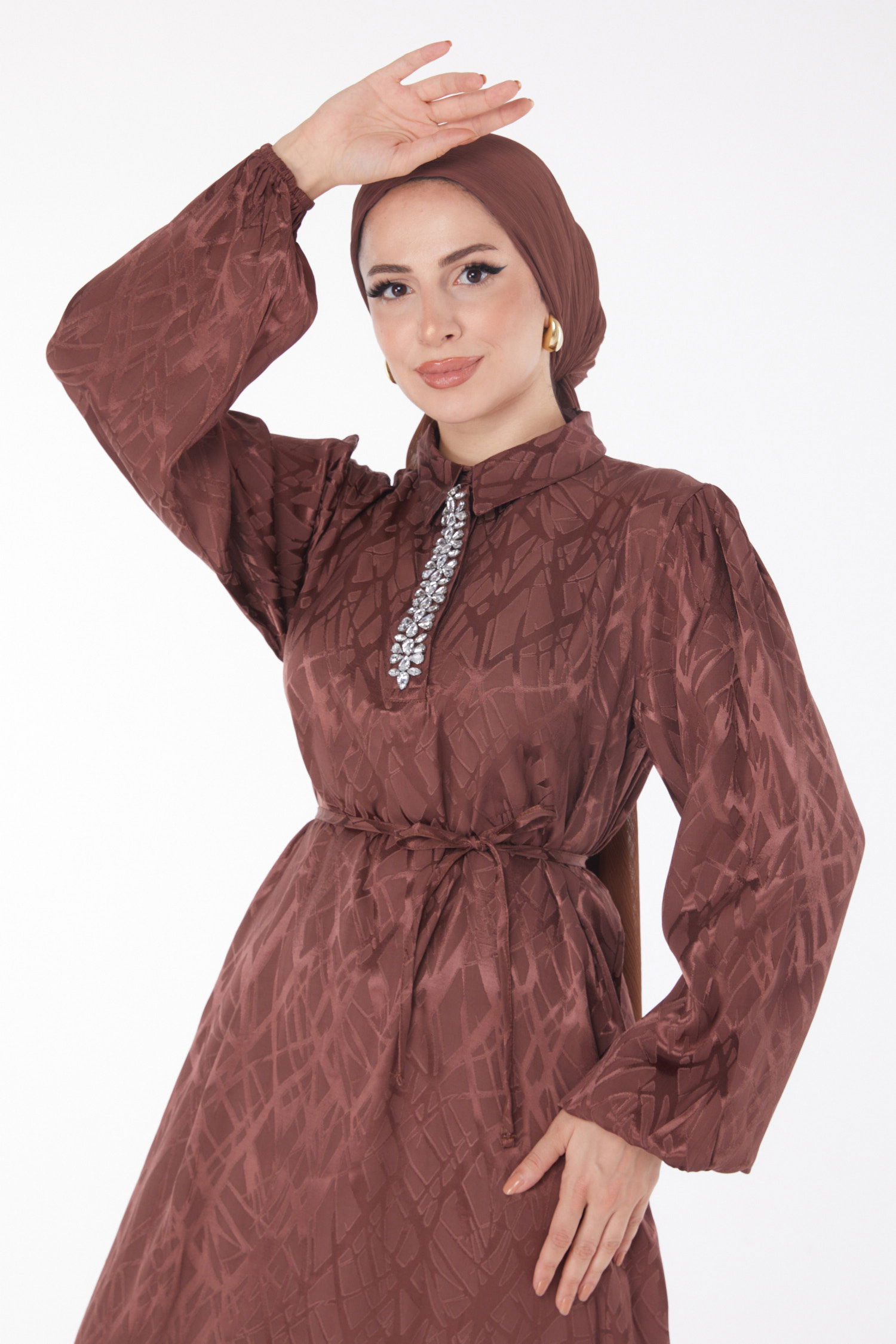 Düz Gömlek Yaka Kadın Kahve Taş Detaylı Elbise - 25888 - 3
