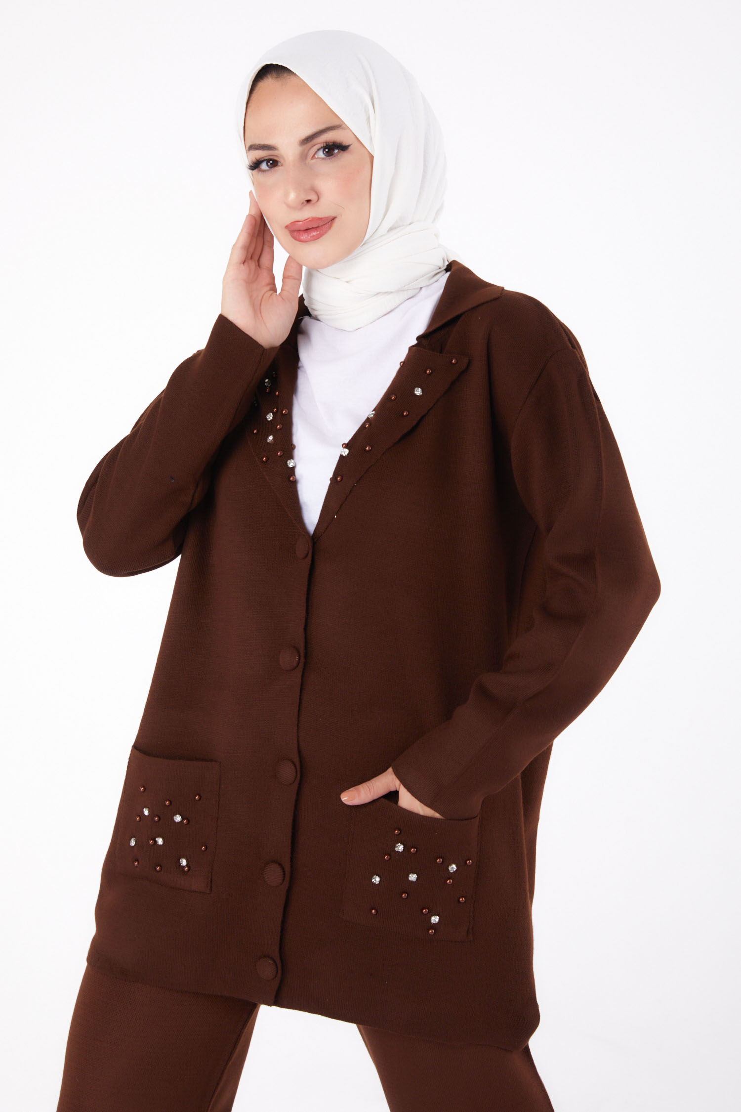 Düz Gömlek Yaka Kadın Kahve Taşlı Triko Takım - 26300 - 1
