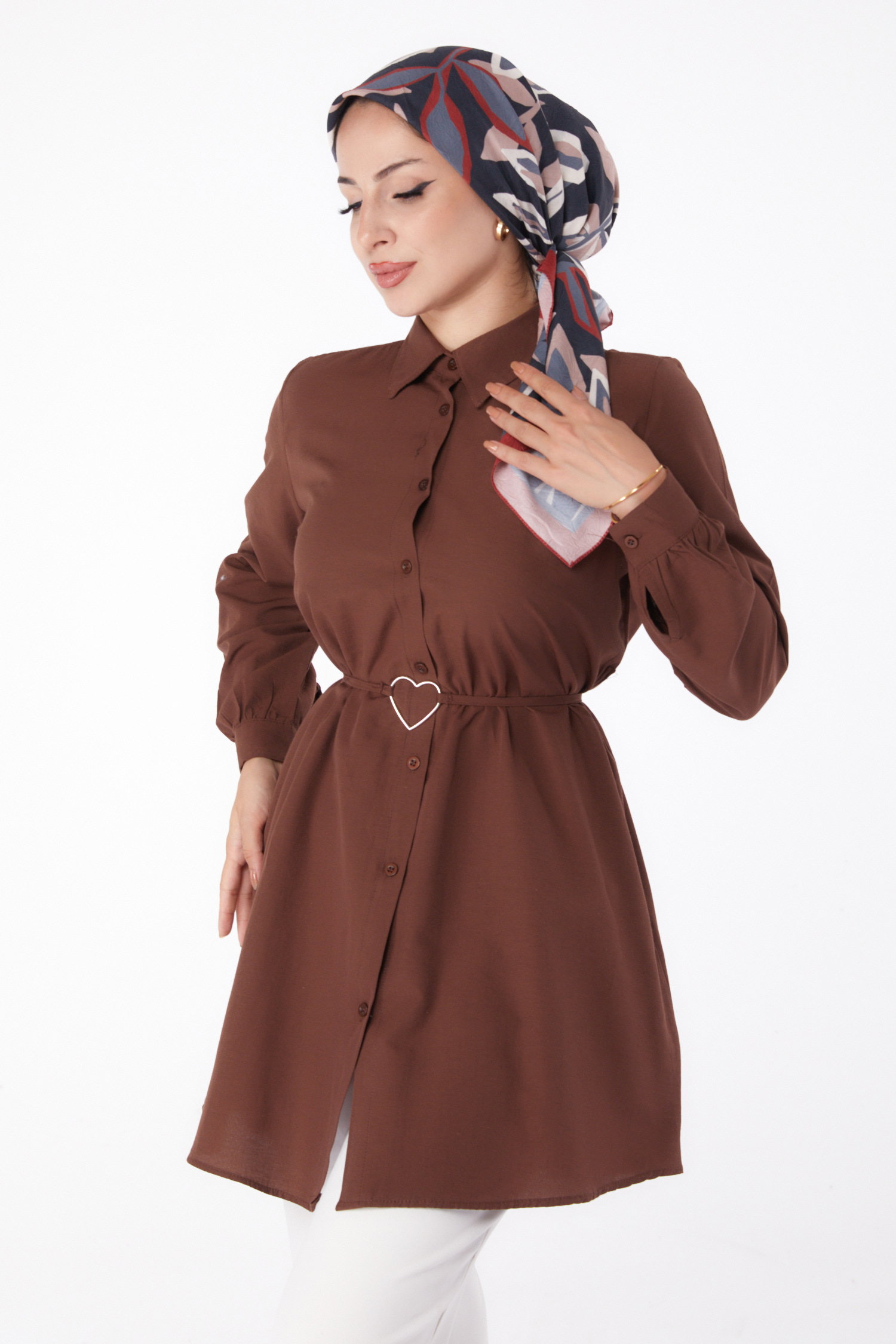 Düz Gömlek Yaka Kadın Kahve Tunik - 13280 - 3