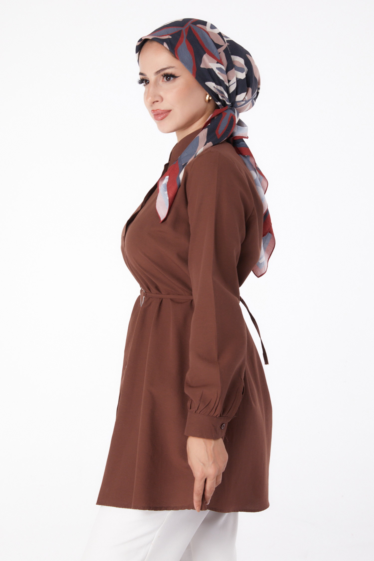 Düz Gömlek Yaka Kadın Kahve Tunik - 13280 - 4