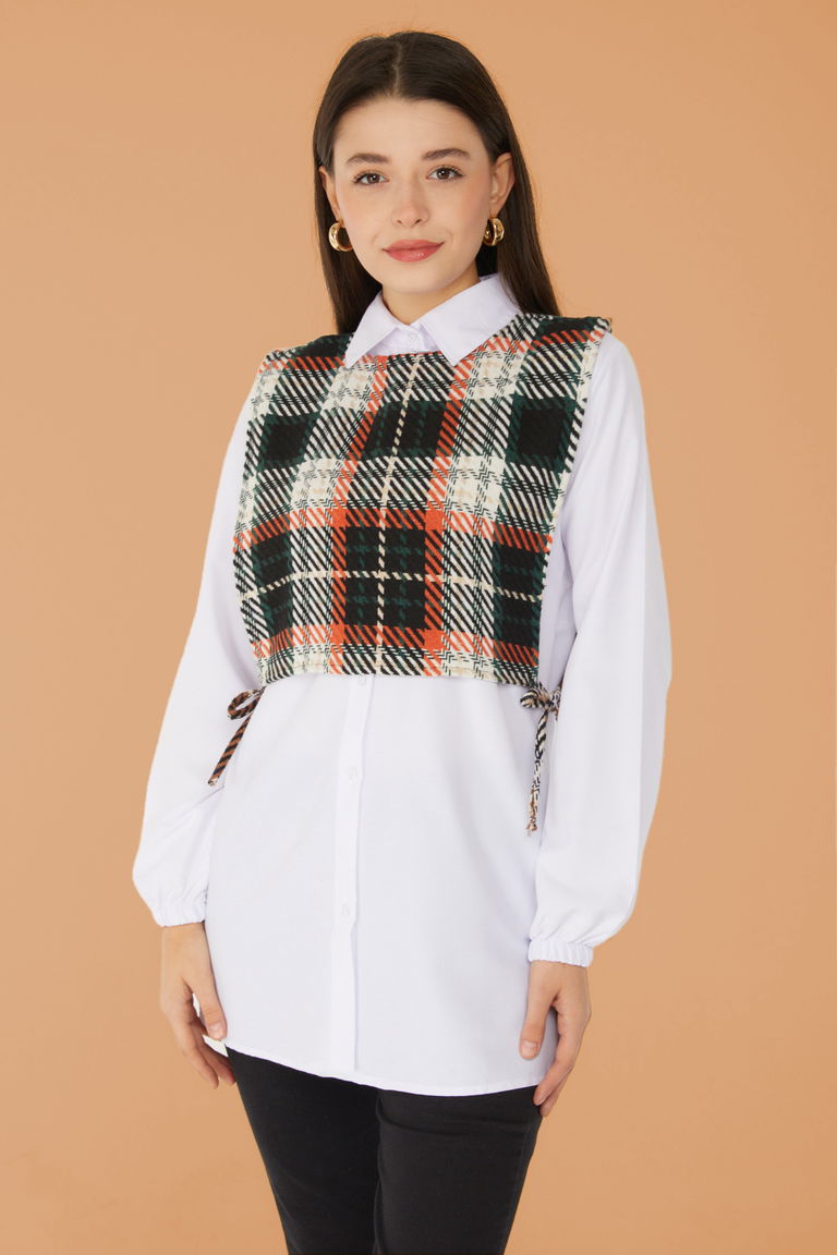 Düz Gömlek Yaka Kadın Kiremit Gömlek Süveter İkili Takım - 13347 - TOFİSA