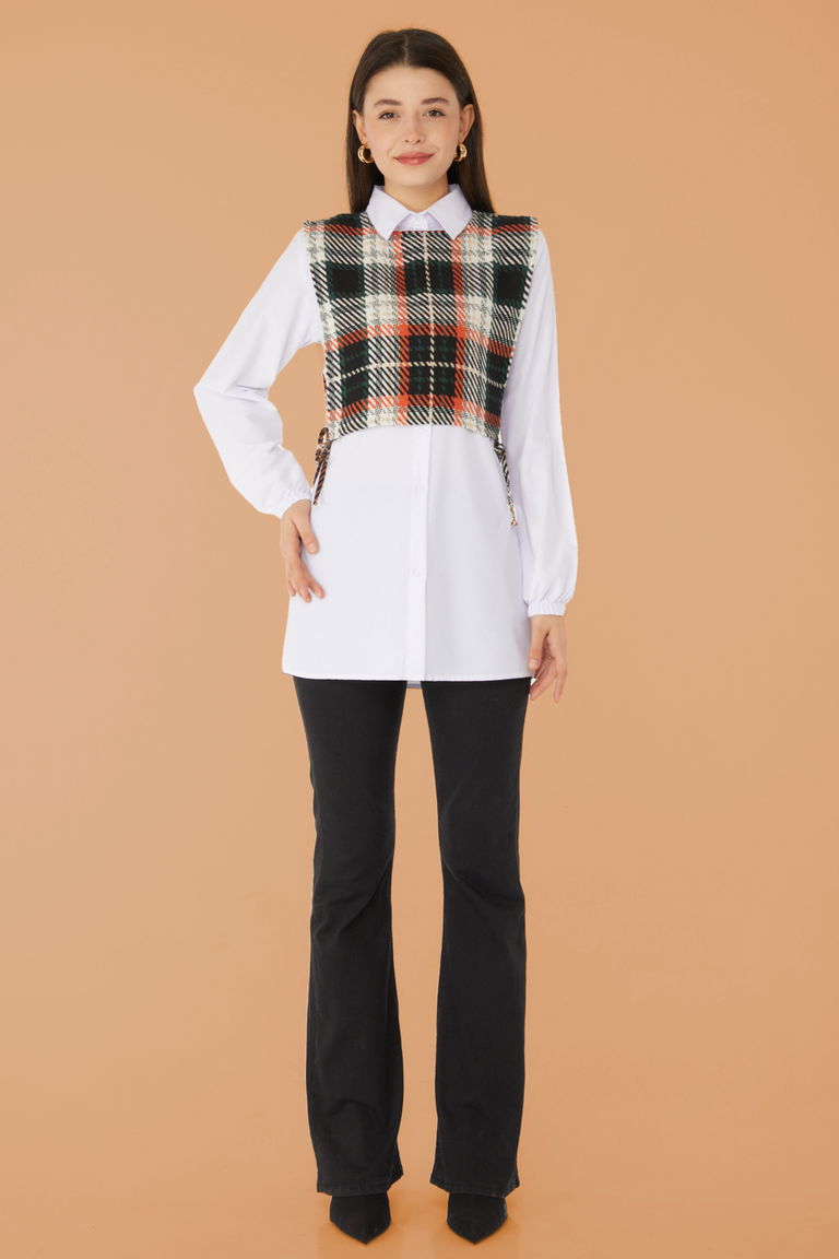 Düz Gömlek Yaka Kadın Kiremit Gömlek Süveter İkili Takım - 13347 - TOFİSA