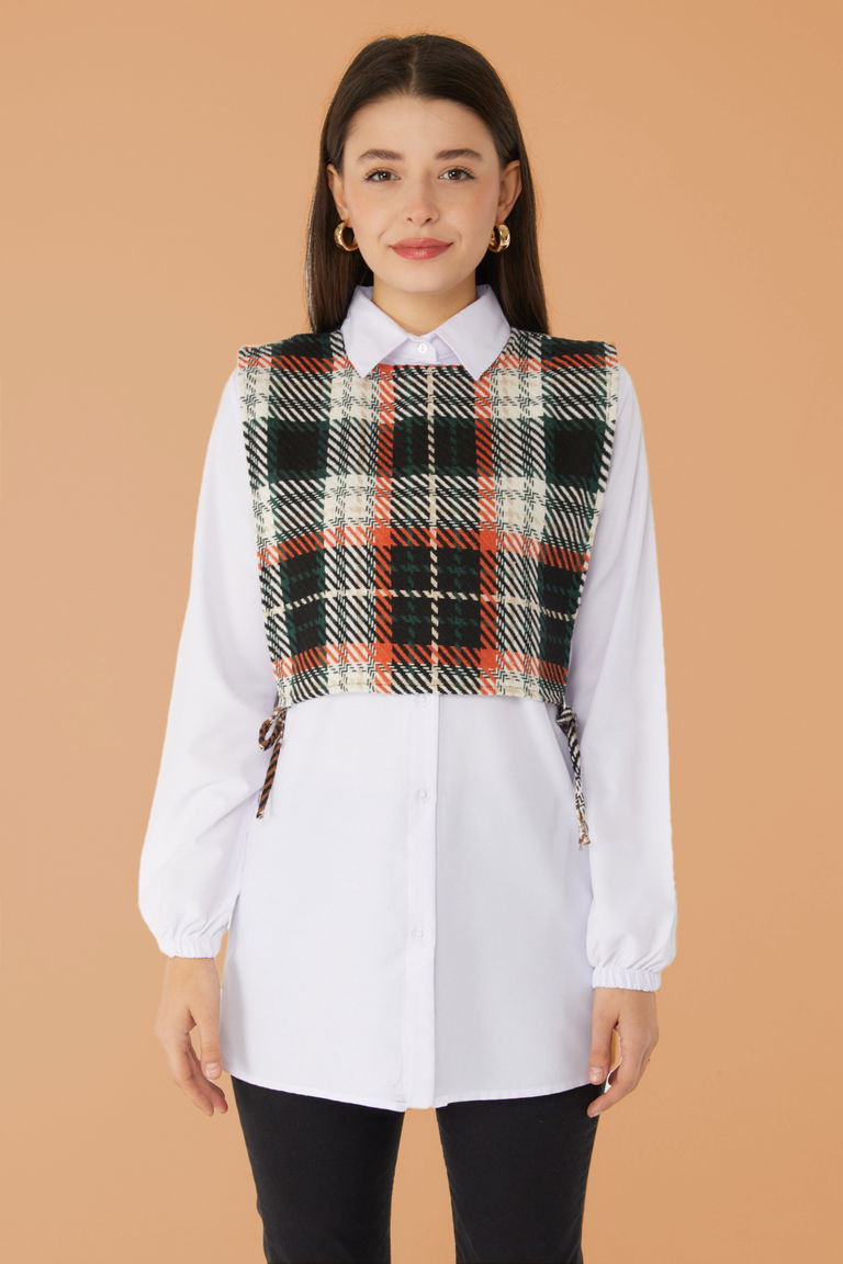 Düz Gömlek Yaka Kadın Kiremit Gömlek Süveter İkili Takım - 13347 - TOFİSA