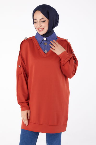 Kot Detaylı Sweatshirt Kiremit - 13298 