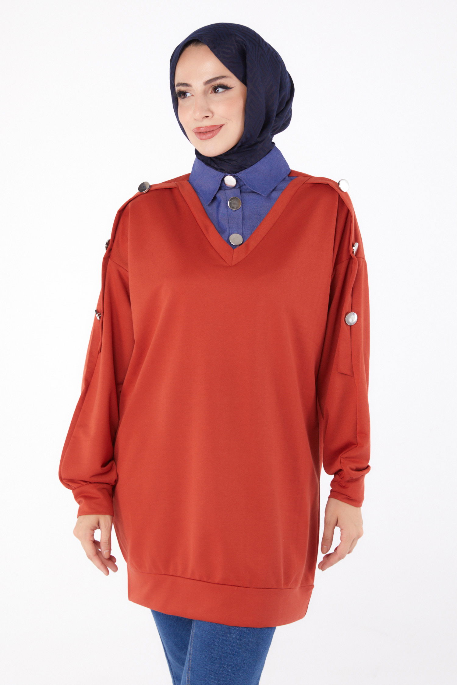Kot Detaylı Sweatshirt Kiremit - 13298 - 3