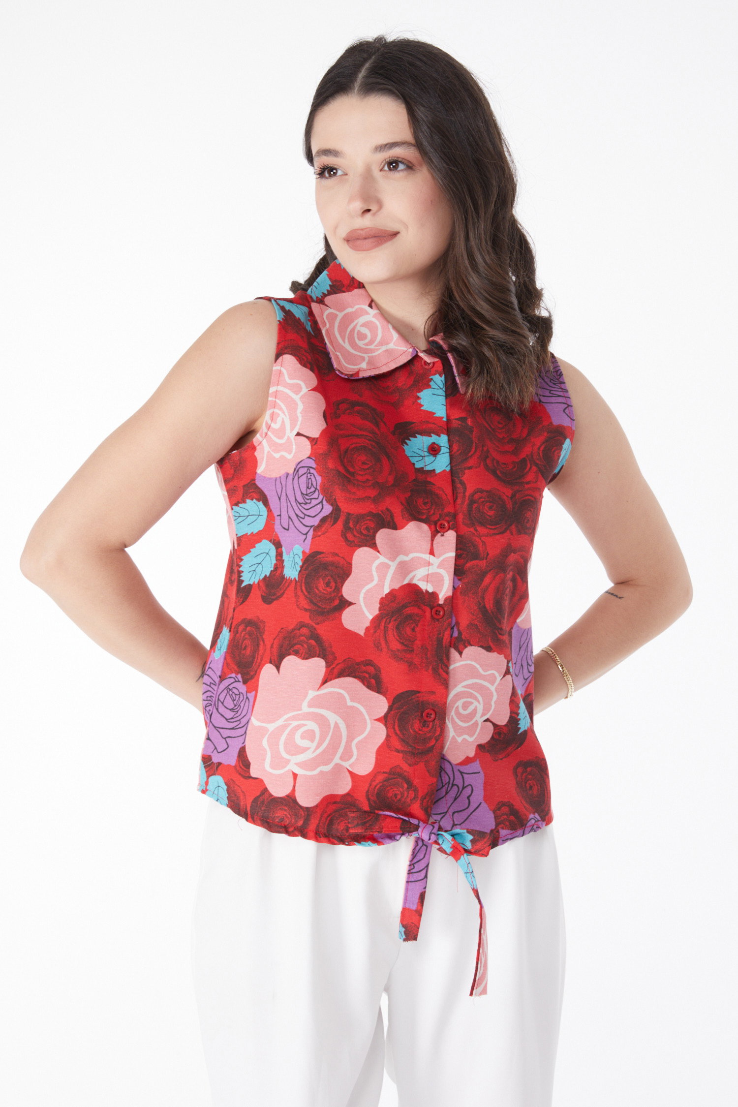 Düz Gömlek Yaka Kadın Kirmizi Bel Bağlamalı Desenli Gömlek - 13181 - 1