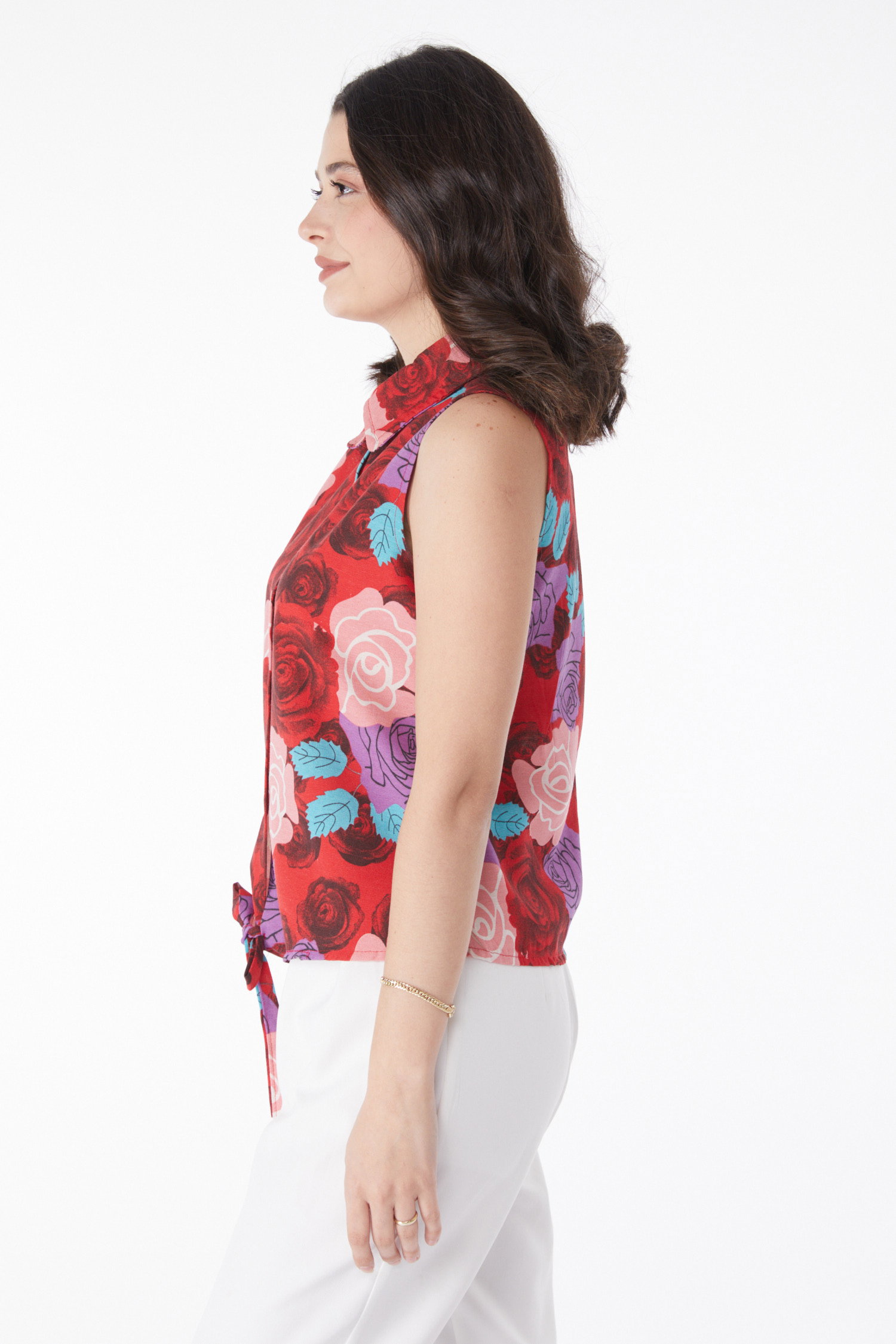 Düz Gömlek Yaka Kadın Kirmizi Bel Bağlamalı Desenli Gömlek - 13181 - 3