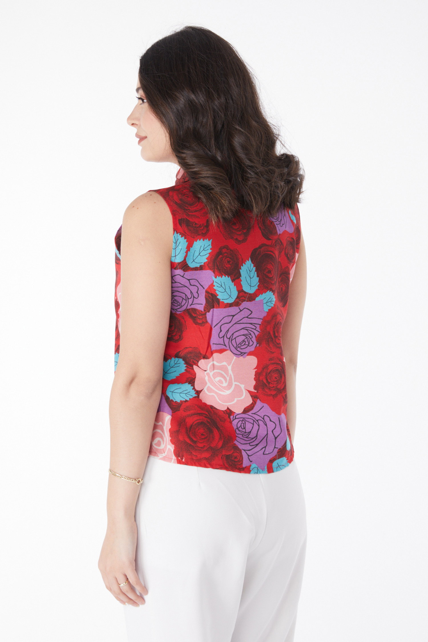 Düz Gömlek Yaka Kadın Kirmizi Bel Bağlamalı Desenli Gömlek - 13181 - 4