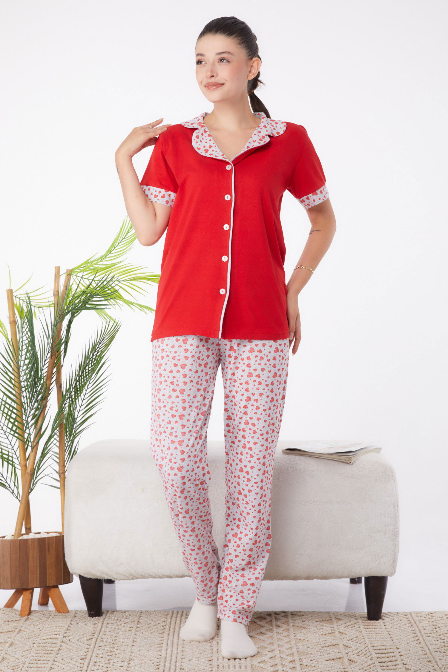 Düz Gömlek Yaka Kadın Kirmizi Desenli Pijama Takımı - 25964 - 1
