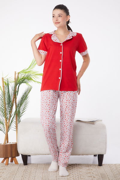 Düz Gömlek Yaka Kadın Kirmizi Desenli Pijama Takımı - 25964 