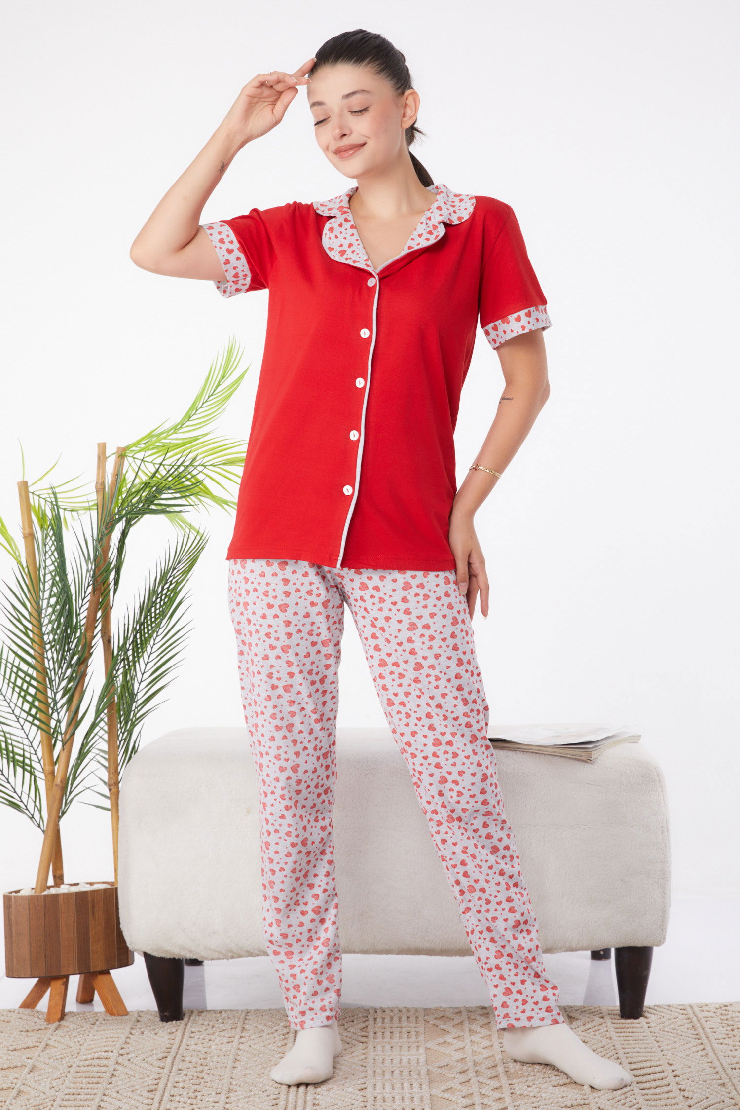 Düz Gömlek Yaka Kadın Kirmizi Desenli Pijama Takımı - 25964 - 2