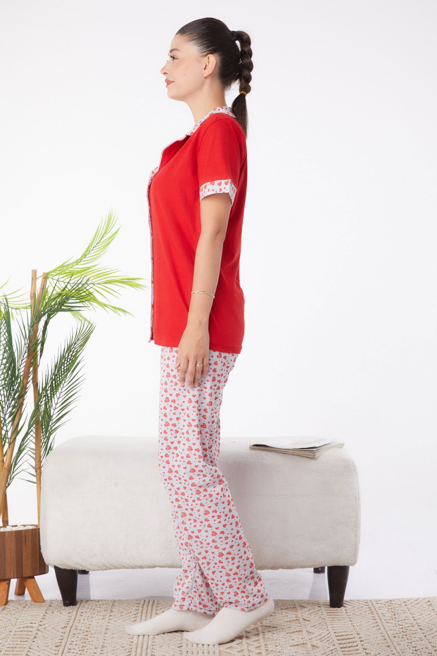 Düz Gömlek Yaka Kadın Kirmizi Desenli Pijama Takımı - 25964 - 4