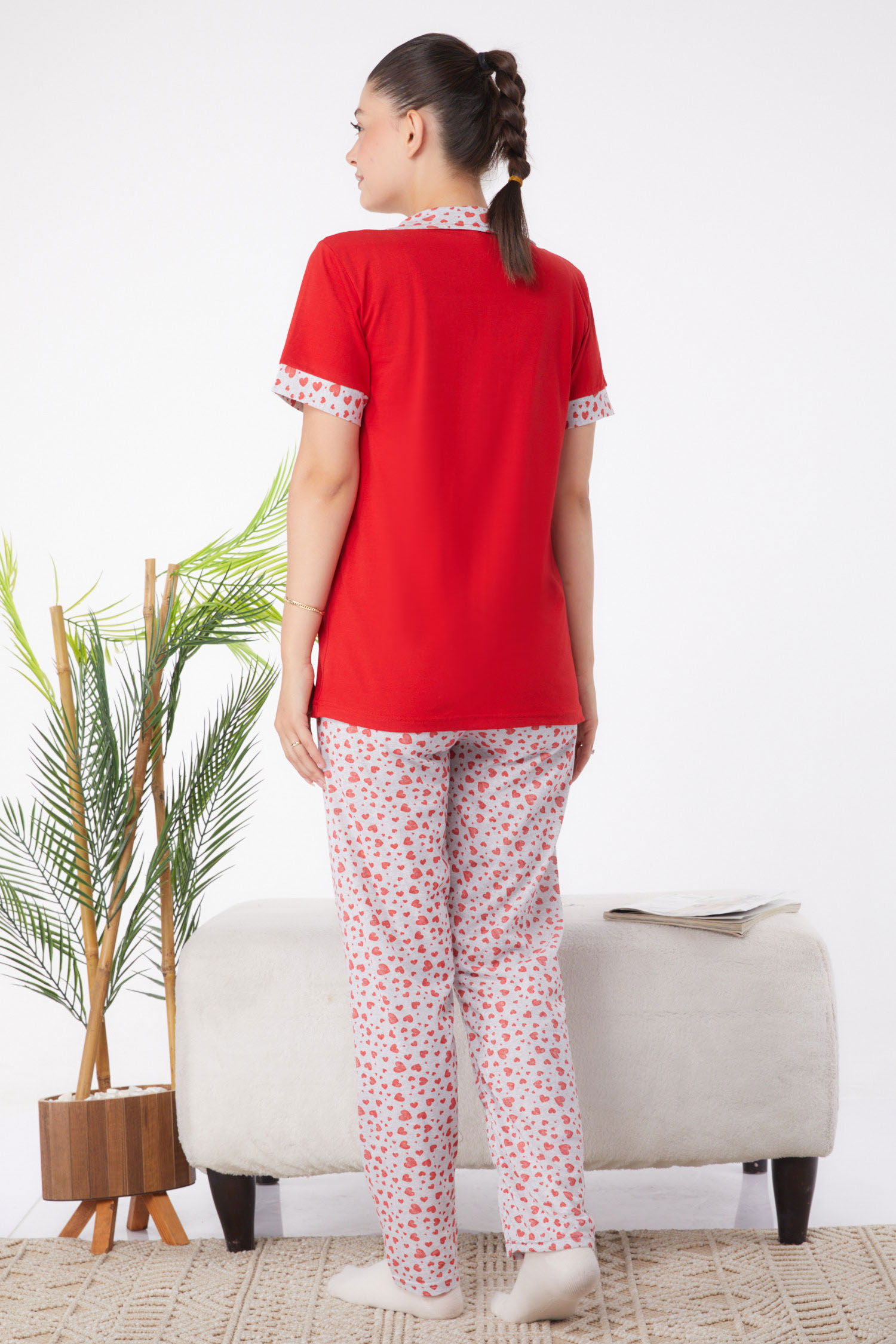 Düz Gömlek Yaka Kadın Kirmizi Desenli Pijama Takımı - 25964 - 5