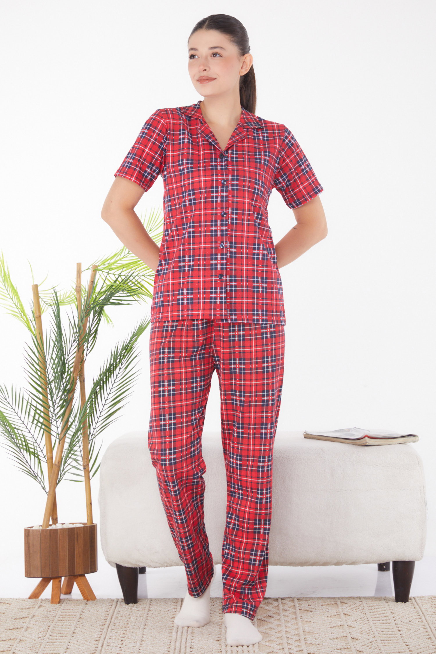 Ekoseli Kısa Kollu Pijama Takımı Kirmizi - 25902 - 1