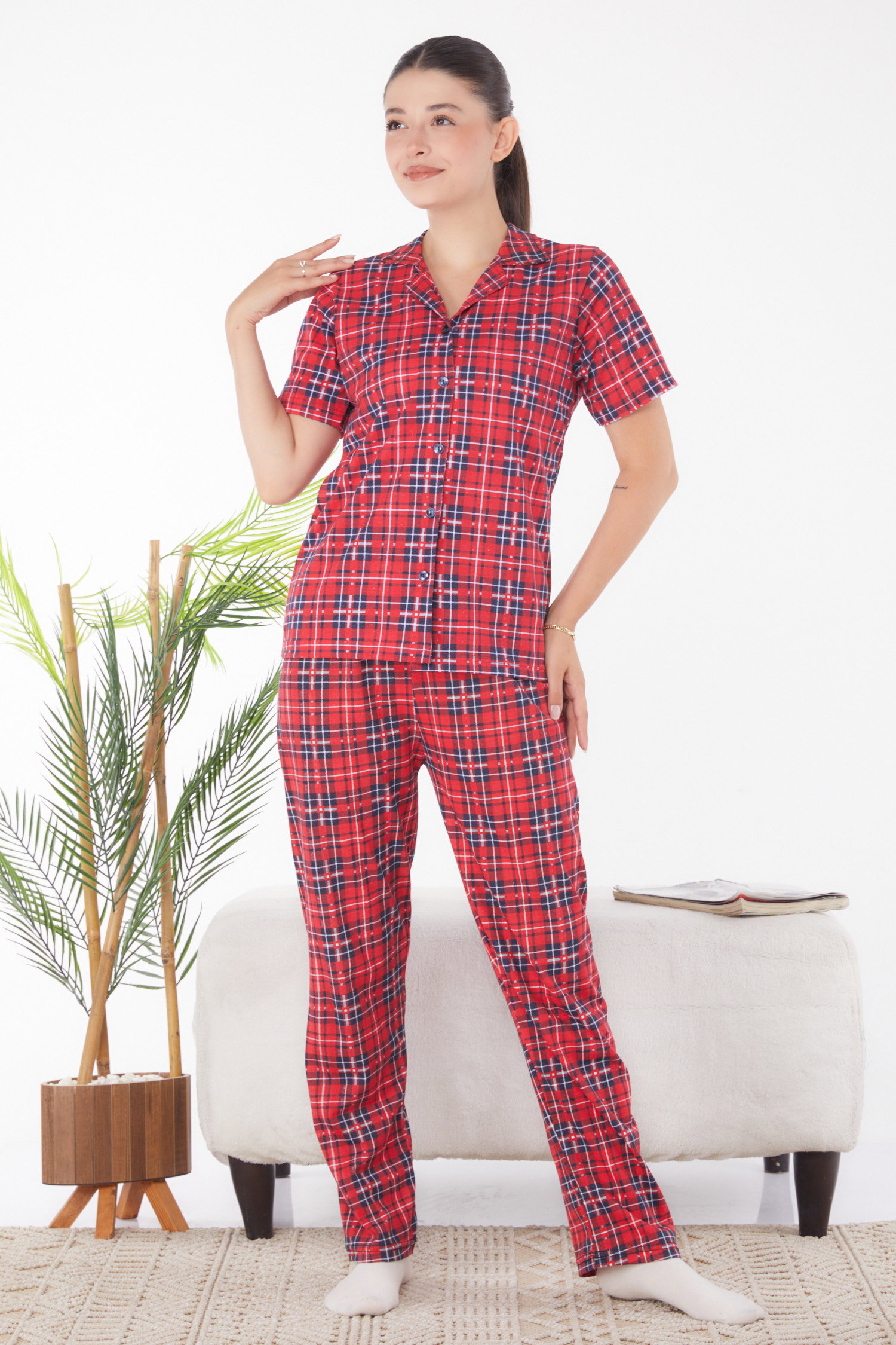 Ekoseli Kısa Kollu Pijama Takımı Kirmizi - 25902 - 2