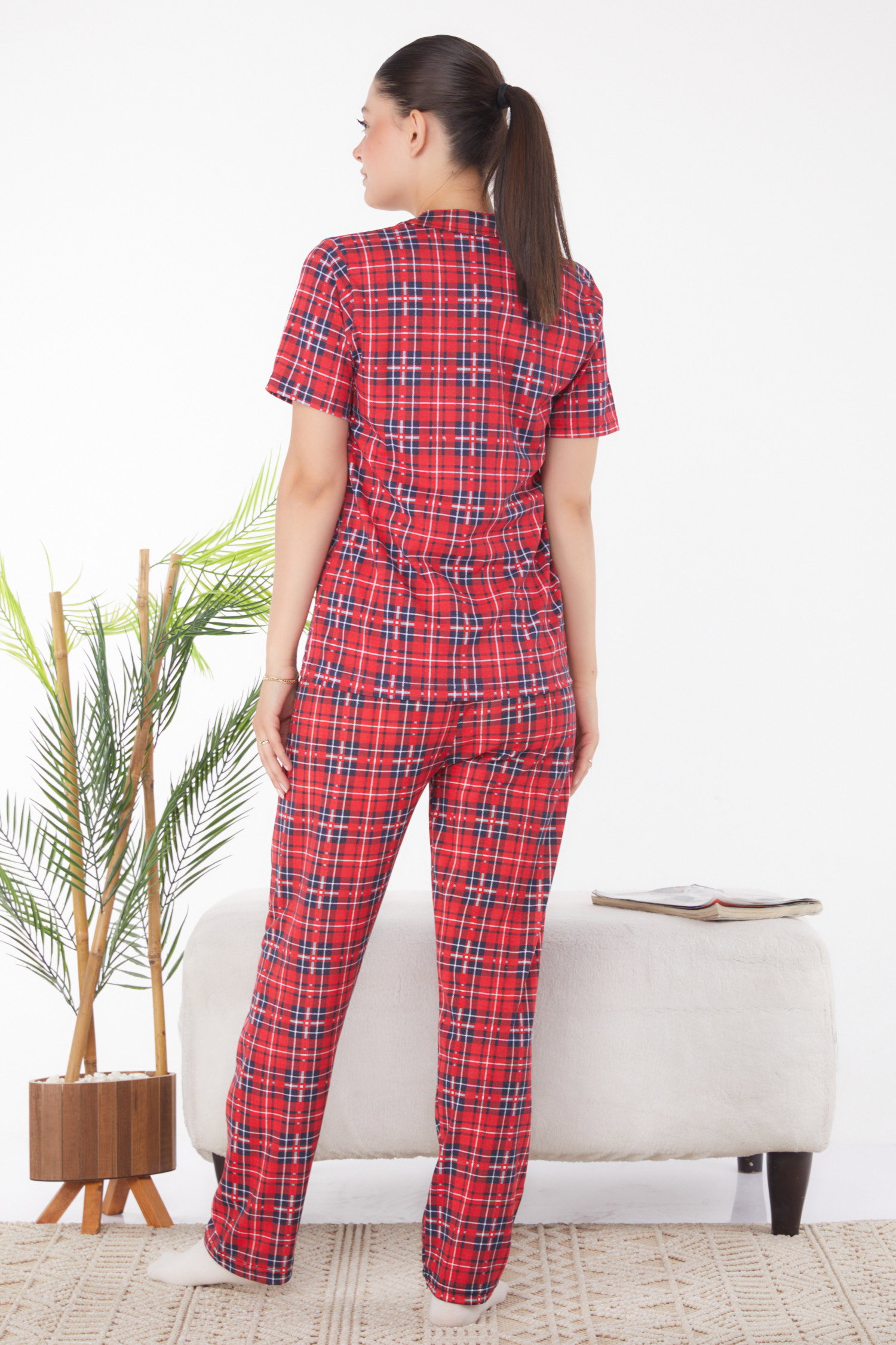 Ekoseli Kısa Kollu Pijama Takımı Kirmizi - 25902 - 5