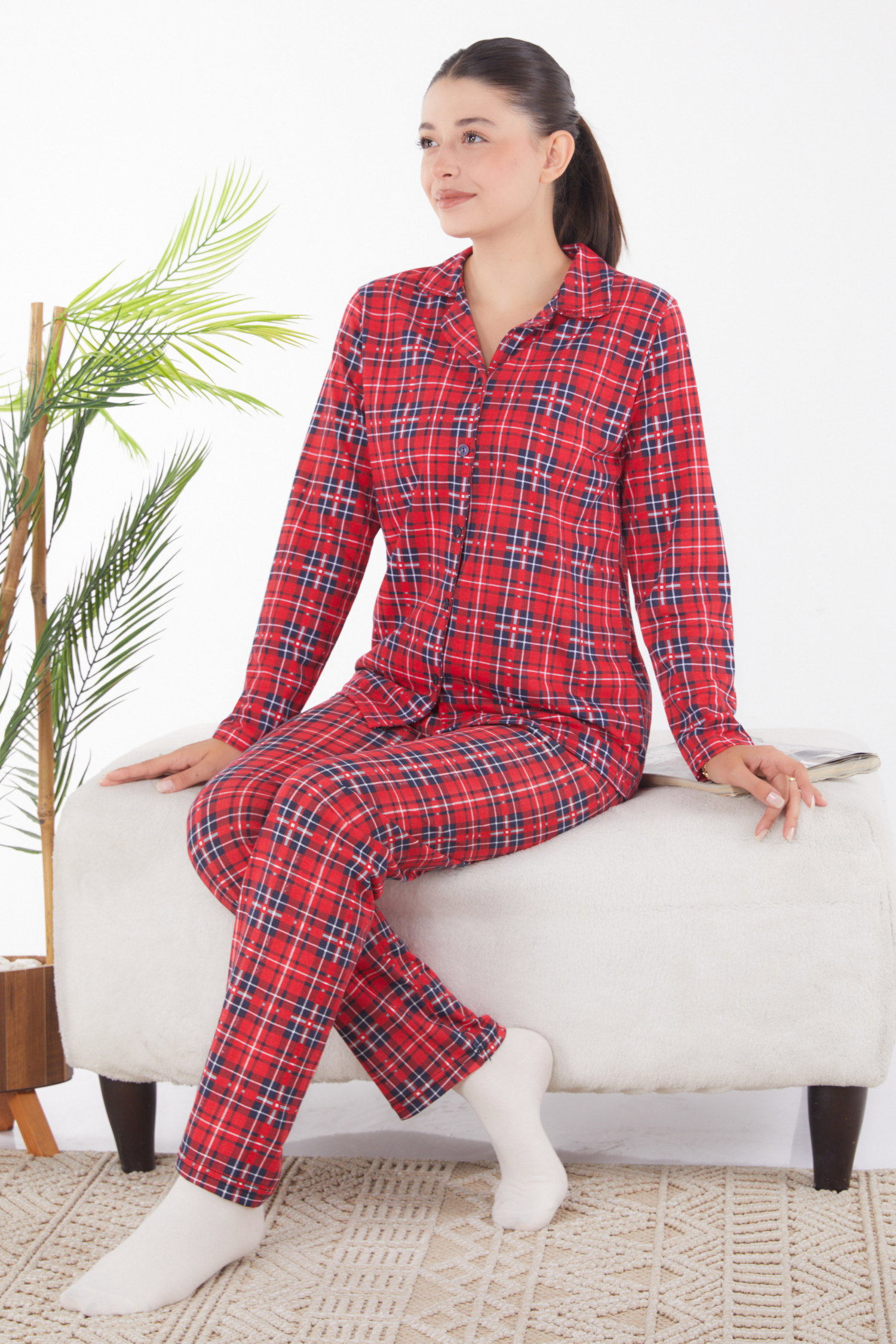 Düz Gömlek Yaka Kadın Kirmizi Ekoseli Pijama Takımı - 25903 - 1
