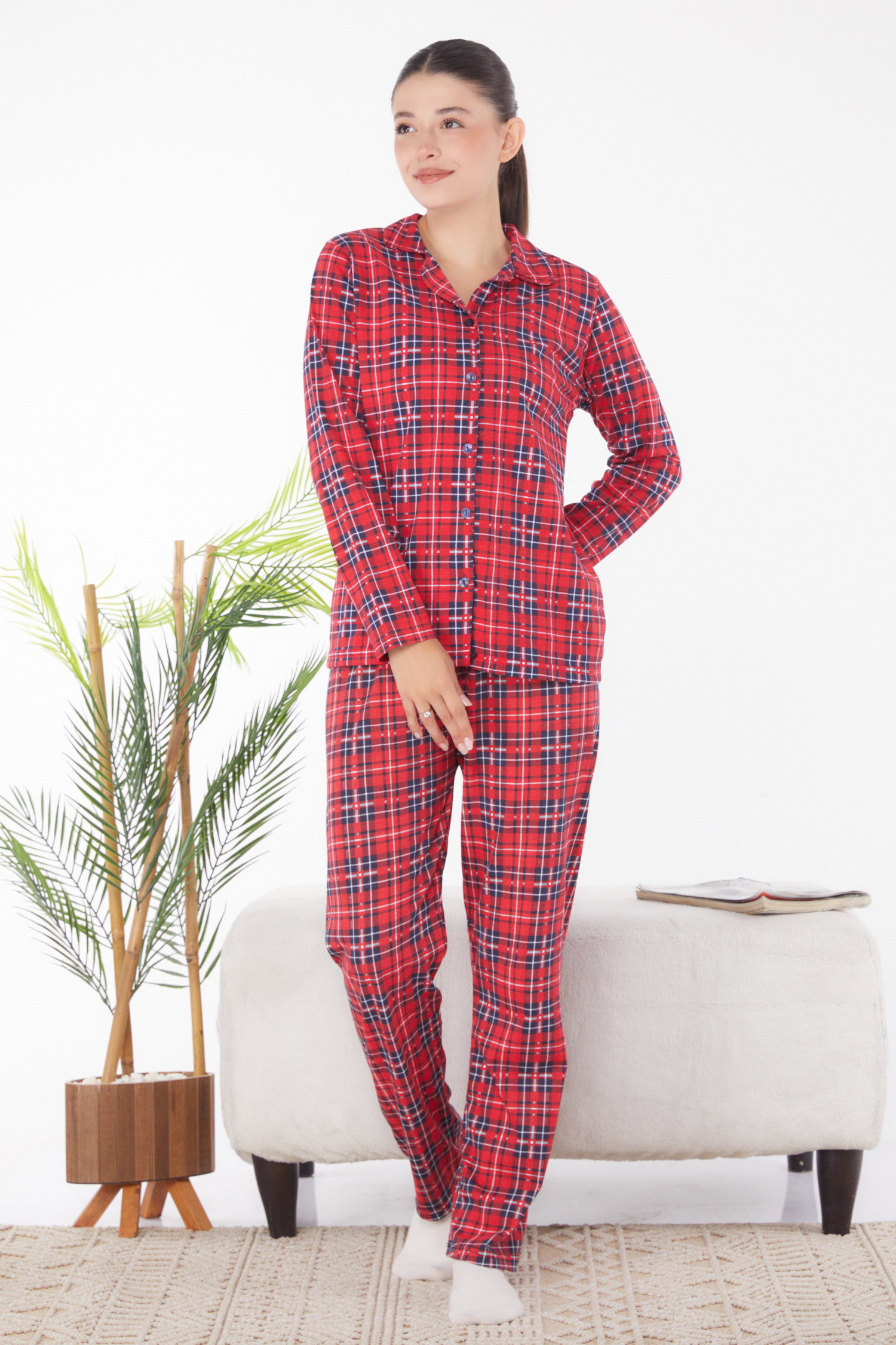 Düz Gömlek Yaka Kadın Kirmizi Ekoseli Pijama Takımı - 25903 - 3