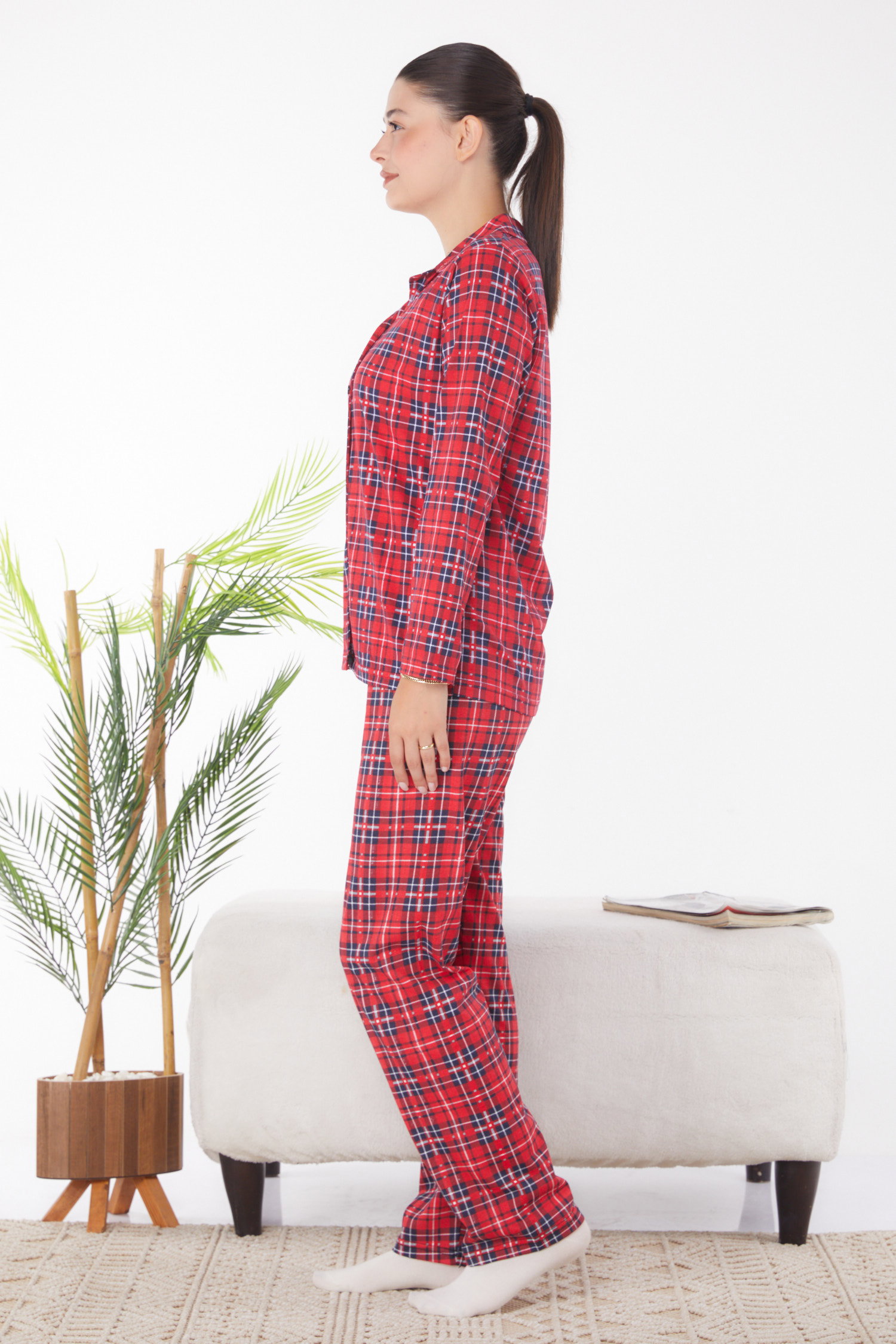 Düz Gömlek Yaka Kadın Kirmizi Ekoseli Pijama Takımı - 25903 - 4