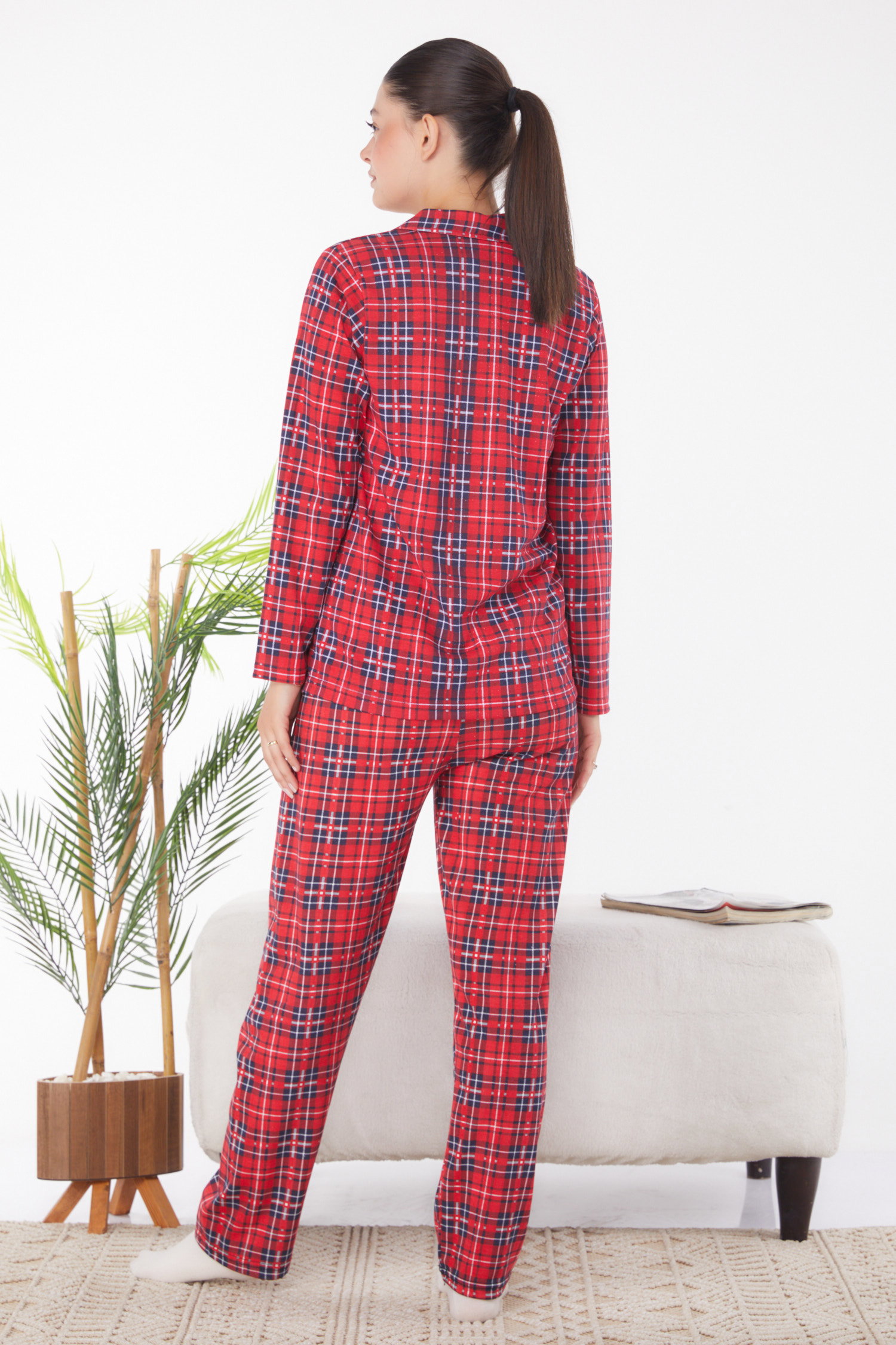 Düz Gömlek Yaka Kadın Kirmizi Ekoseli Pijama Takımı - 25903 - 5