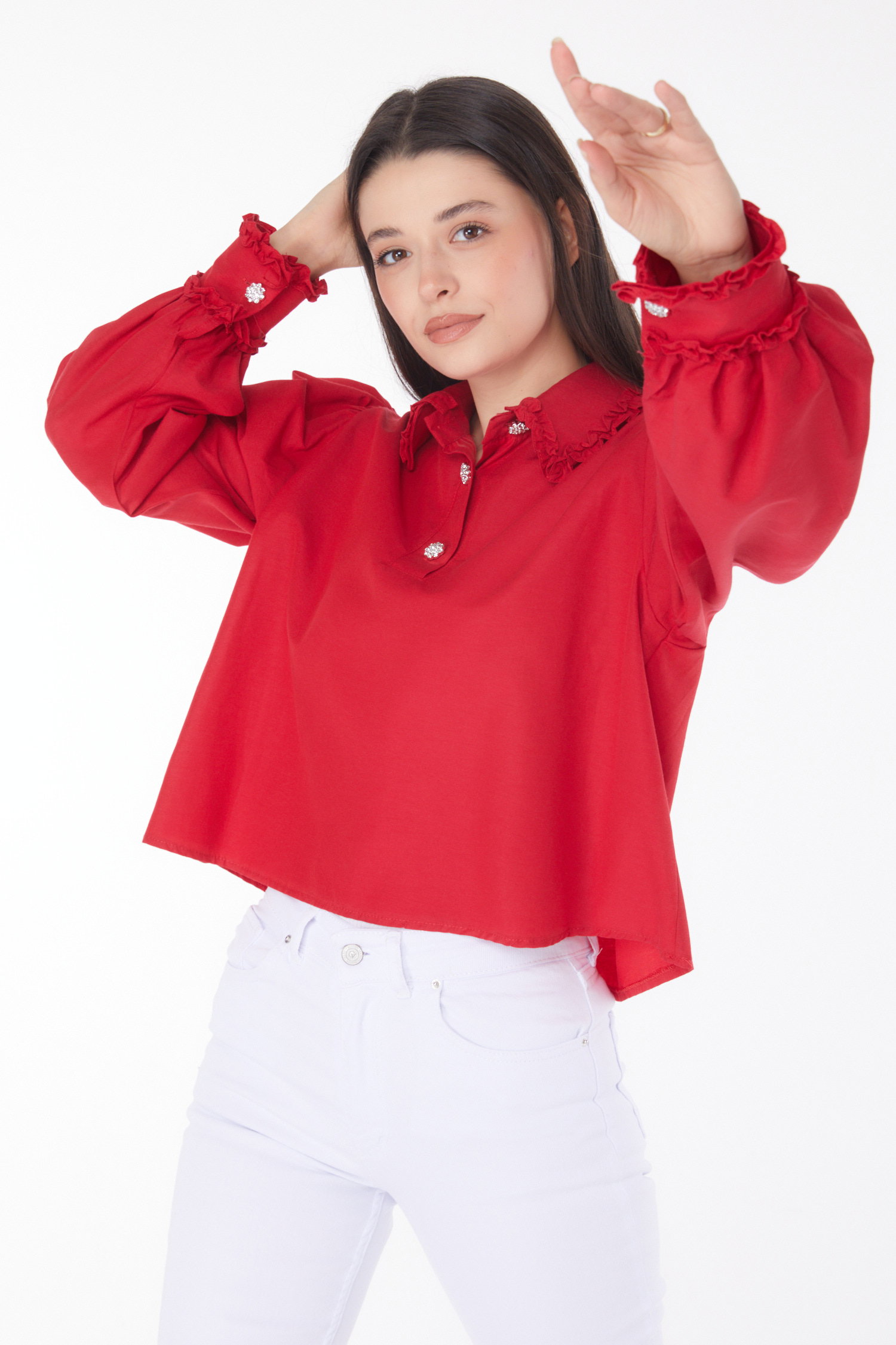 Yakası Fırfırlı Gömlek Kirmizi - 25690 - 3