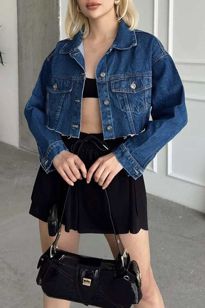Kadın Çift Cepli Lazer Kesim Crop Kot Ceket Koyu Mavi - 26582 - 1