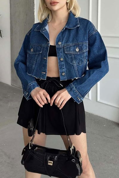 Kadın Çift Cepli Lazer Kesim Crop Kot Ceket Koyu Mavi - 26582 