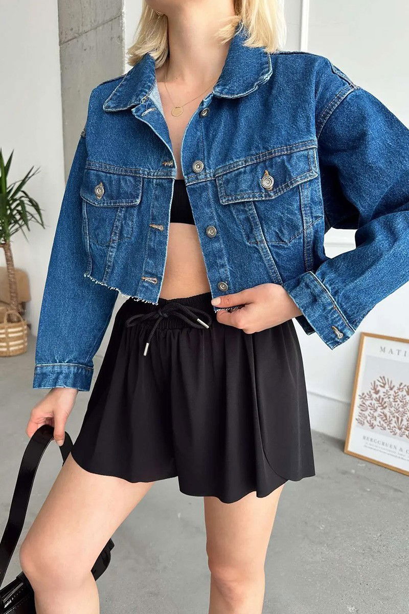 Kadın Çift Cepli Lazer Kesim Crop Kot Ceket Koyu Mavi - 26582 - 2