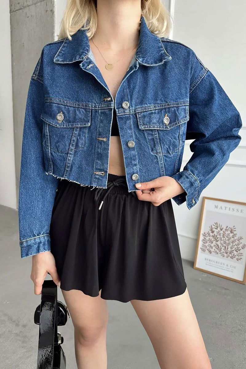 Kadın Çift Cepli Lazer Kesim Crop Kot Ceket Koyu Mavi - 26582 - 3