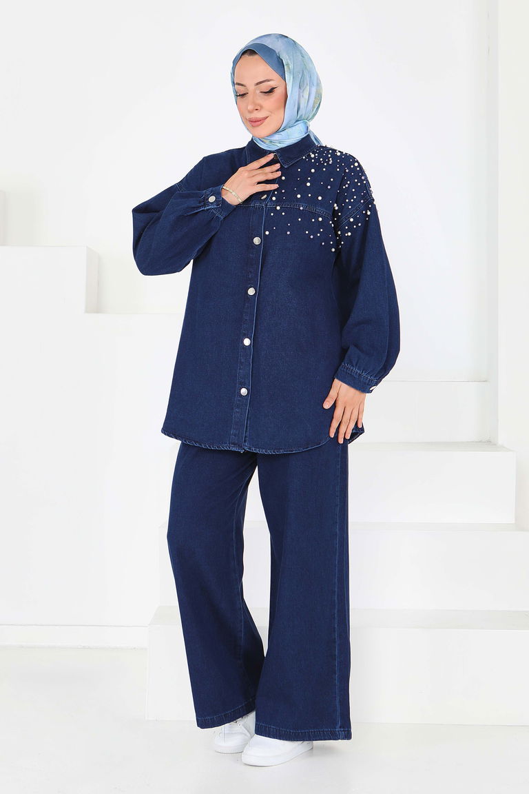 Düz Gömlek Yaka Kadın Koyu Mavi İnci Detaylı Tensel İkili Takım - 25362 - TOFİSA