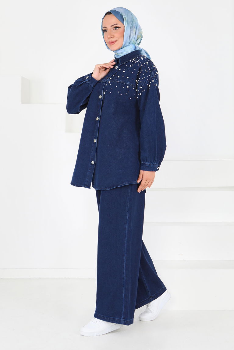 Düz Gömlek Yaka Kadın Koyu Mavi İnci Detaylı Tensel İkili Takım - 25362 - TOFİSA