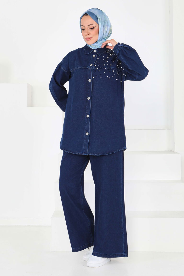 Düz Gömlek Yaka Kadın Koyu Mavi İnci Detaylı Tensel İkili Takım - 25362 - TOFİSA